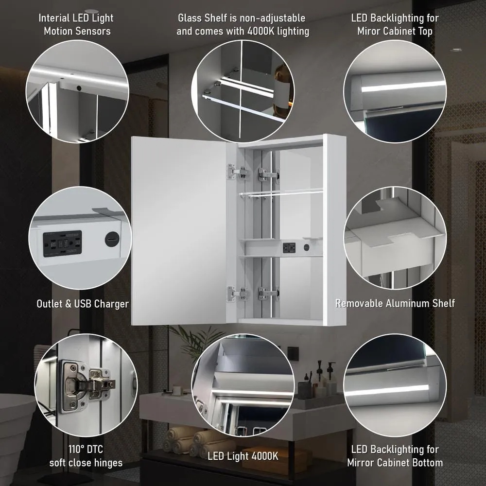 WELLFOR Chic 20 in. W x 30 in. H Rectangular Aluminum Medicine Cabinet with Mirror, LED Lights, Anti-Fog, Left Soft Close Door, photo 6 of 10