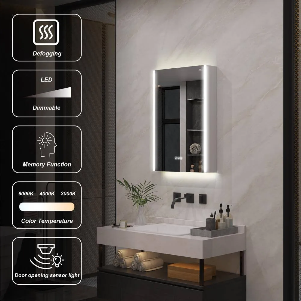 WELLFOR Chic 20 in. W x 30 in. H Rectangular Aluminum Medicine Cabinet with Mirror, LED Lights, Anti-Fog, Left Soft Close Door, photo 2 of 10