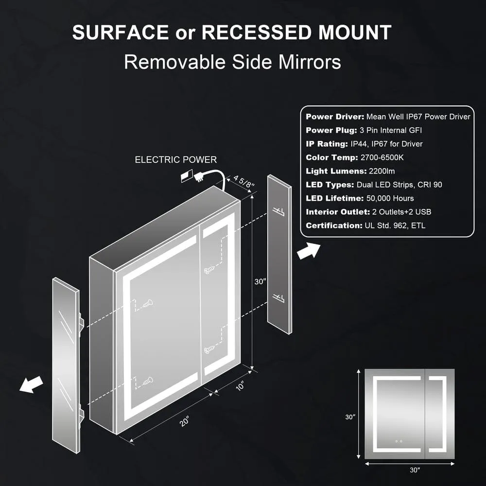 WELLFOR 30 in. W x 30 in. H Rectangular Aluminum Recessed or Surface Mount Medicine Cabinet with Mirror and Lighted,Double Doors, photo 9 of 13