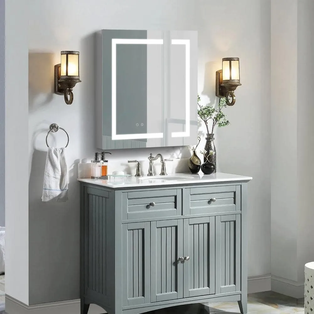 WELLFOR 30 in. W x 30 in. H Rectangular Aluminum Recessed or Surface Mount Medicine Cabinet with Mirror and Lighted,Double Doors, photo 13 of 13