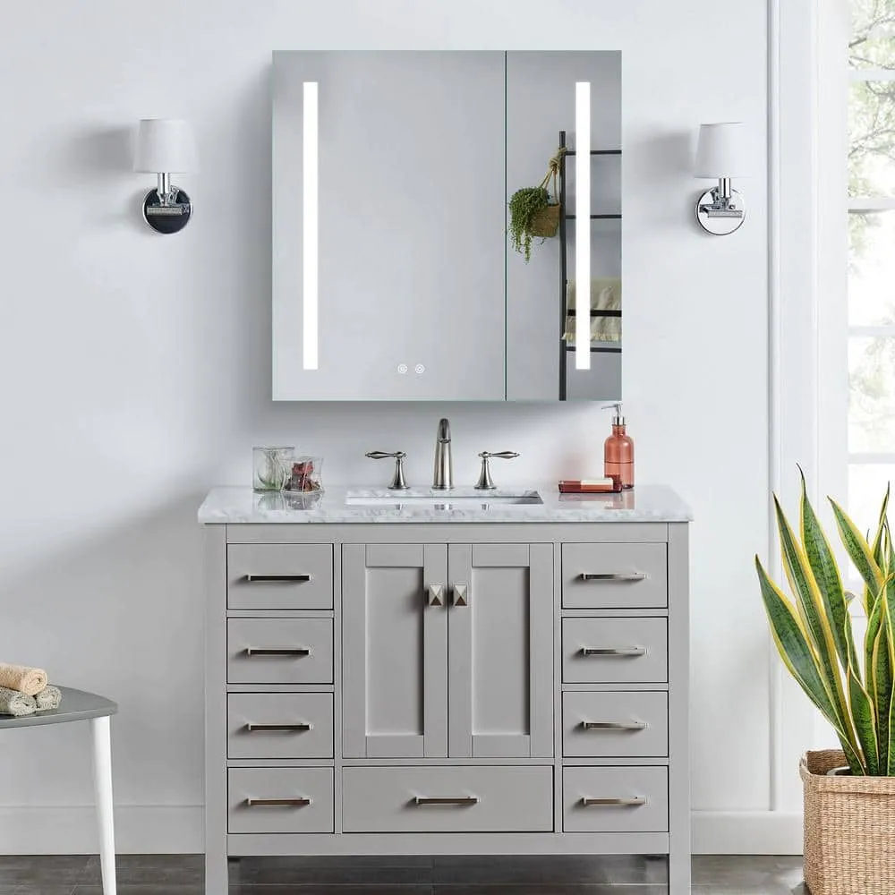 WELLFOR 30 in. W x 30 in. H Rectangular Aluminum Recessed or Surface Mount Medicine Cabinet with Mirror and Lighted,Double Doors, photo 3 of 13