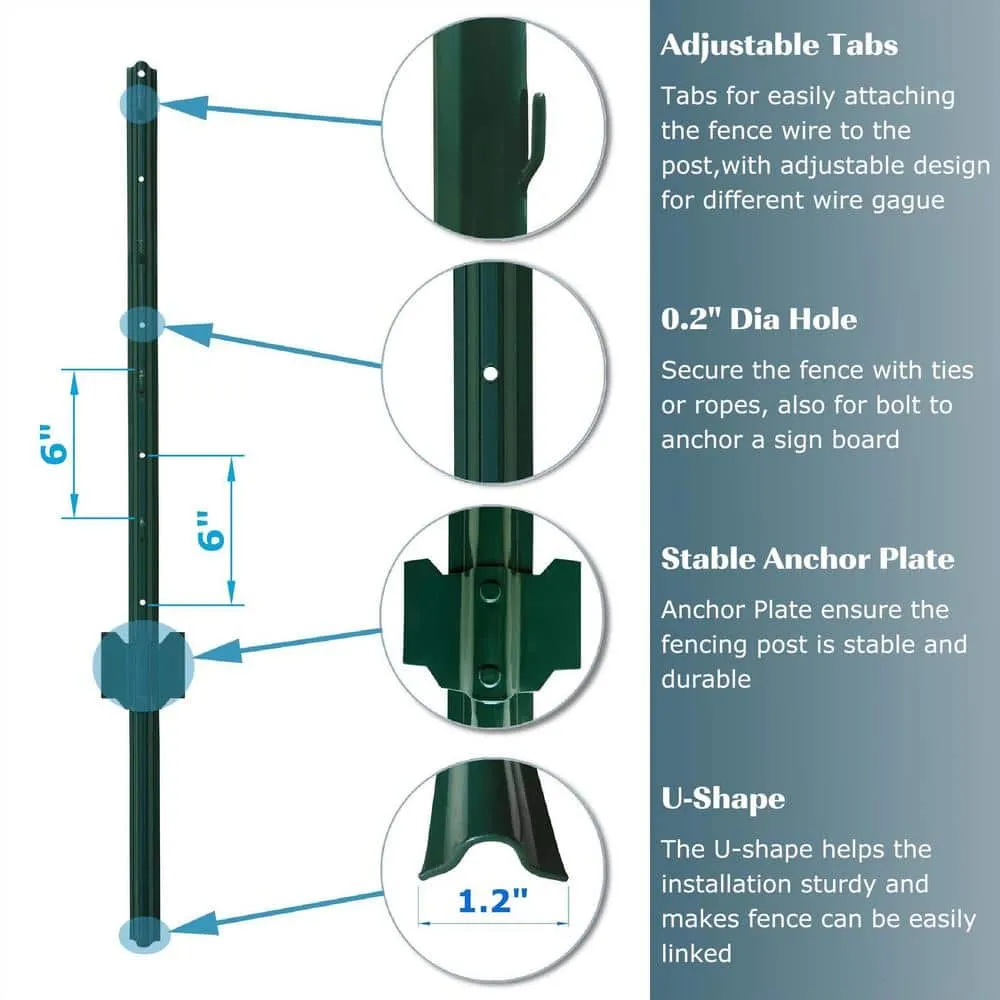 Angel Sar 48 in. x 1.2 in. x 1.2 in. Metal Fence Post U Post Green for Garden Wire Fence Steel Garden Post Sign Post (10-Pack), photo 4 of 7