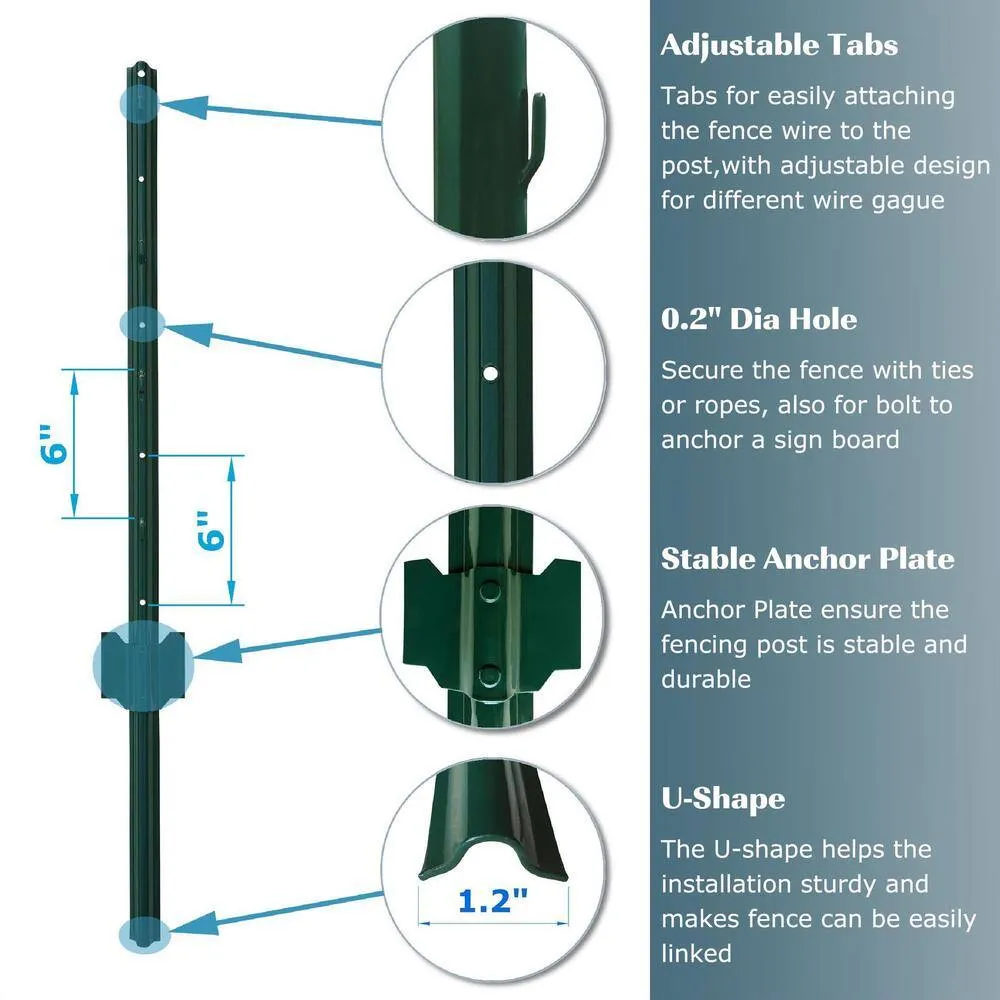 Angel Sar 60 in. x 1.2 in. x 1.2 in. Metal Fence Post U Post Green for Garden Wire Fence Steel Garden Post Sign Post (5-Pack), photo 4 of 7