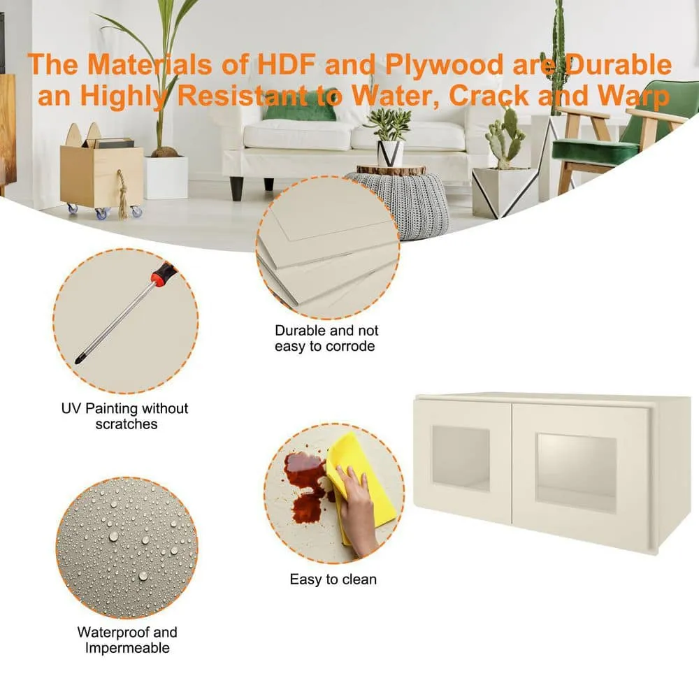 HOMEIBRO Antique White Painted Shaker Style Ready to Assemble Glass Door Wall Cabinet 33 in. W x 12 in. H x 12 in. D, photo 10 of 11