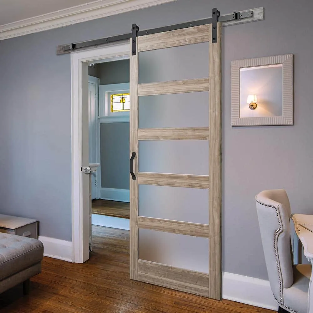 Masonite 36 in. x 84 in. 5 Equal Lites Frosted Glass Ash Gray Interior Sliding Barn Door Slab with Hardware Kit, photo 2 of 4