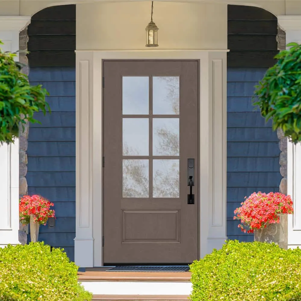 Steves & Sons Regency 36 in. x 80 in. 3/4-6 Lite Clear Glass RHOS Ashwood Stain Mahogany Fiberglass Prehung Front Door, photo 2 of 8