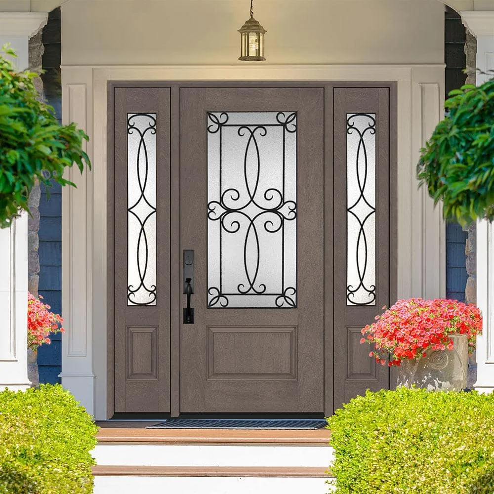 Steves & Sons Regency 64 in. x 80 in. 3/4 Lite Georgian Decorative Glass RHOS Ashwood Mahogany Fiberglass Prehung Front Door with 12 in. Sidelites, photo 2 of 5