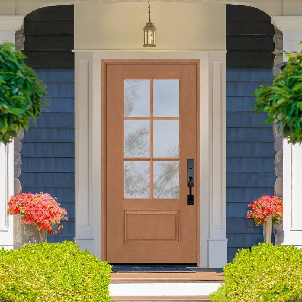 Steves & Sons Regency 36 in. x 80 in. 3/4 6-Lite Clear Glass LHIS Autumn Wheat Stain Mahogany Fiberglass Prehung Front Door, photo 3 of 9
