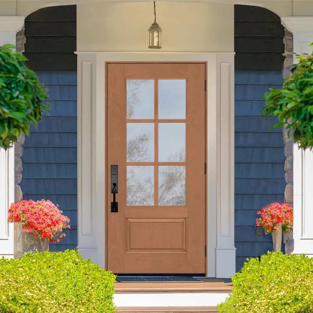 Steves & Sons Regency 36 in. x 80 in. 3/4-6-Lite Clear Glass RHIS Autumn Wheat Stain Mahogany Fiberglass Prehung Front Door, photo 3 of 9