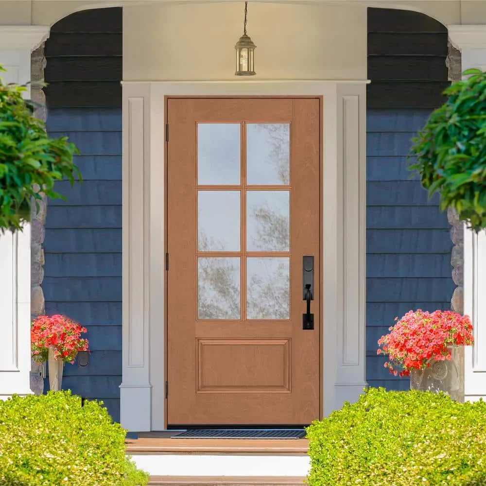 Steves & Sons Regency 36 in. x 80 in. 3/4 6-Lite Clear Glass RHOS Autumn Wheat Stain Mahogany Fiberglass Prehung Front Door, photo 3 of 9