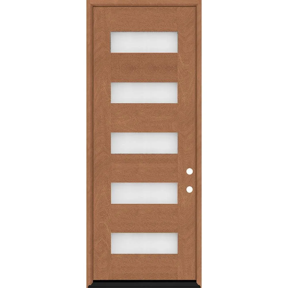 Steves & Sons Regency 36 in. x 96 in. 5L Modern Frosted Glass LHIS Autumn Wheat-Stained Fiberglass Prehung Front Door, photo 2 of 4