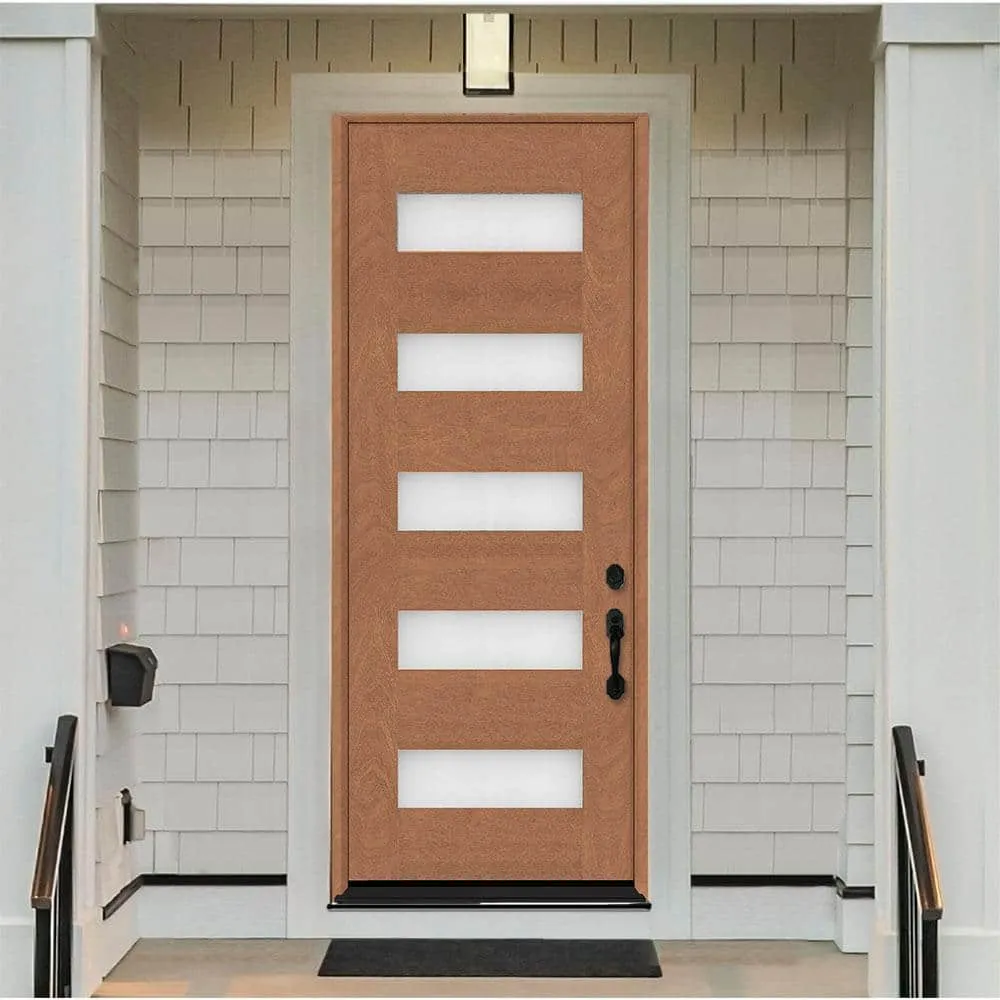 Steves & Sons Regency 36 in. x 96 in. 5L Modern Frosted Glass LHIS Autumn Wheat-Stained Fiberglass Prehung Front Door, photo 3 of 4