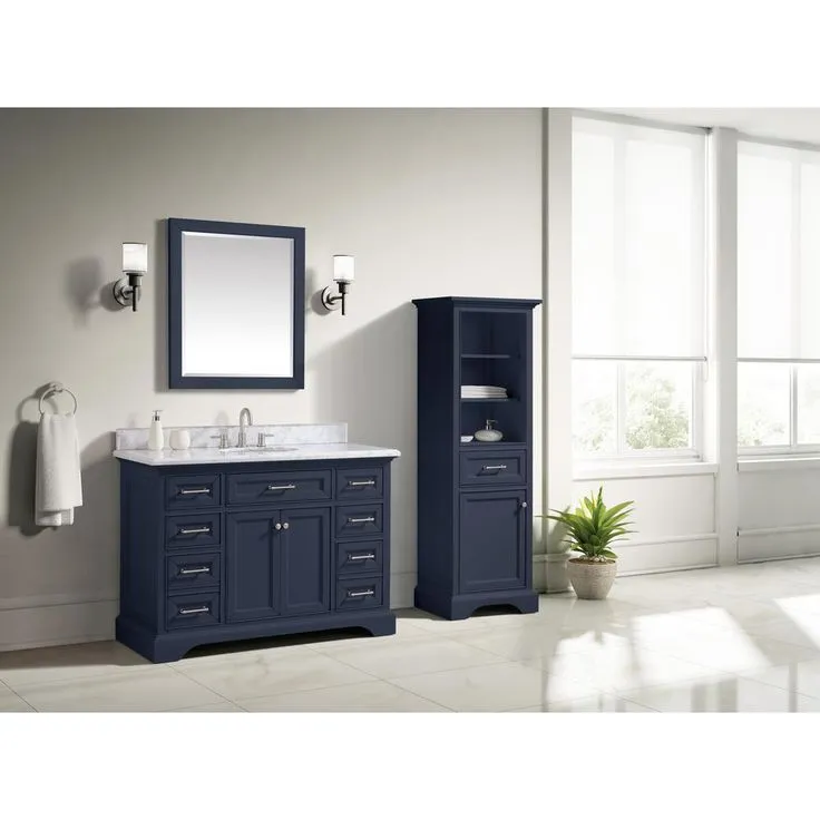 Windlowe 49 in. W x 22 in. D x 35 in. H Bath Vanity in Navy Blue with Carrara Marble Vanity Top in White with White Sink, photo 6 of 17