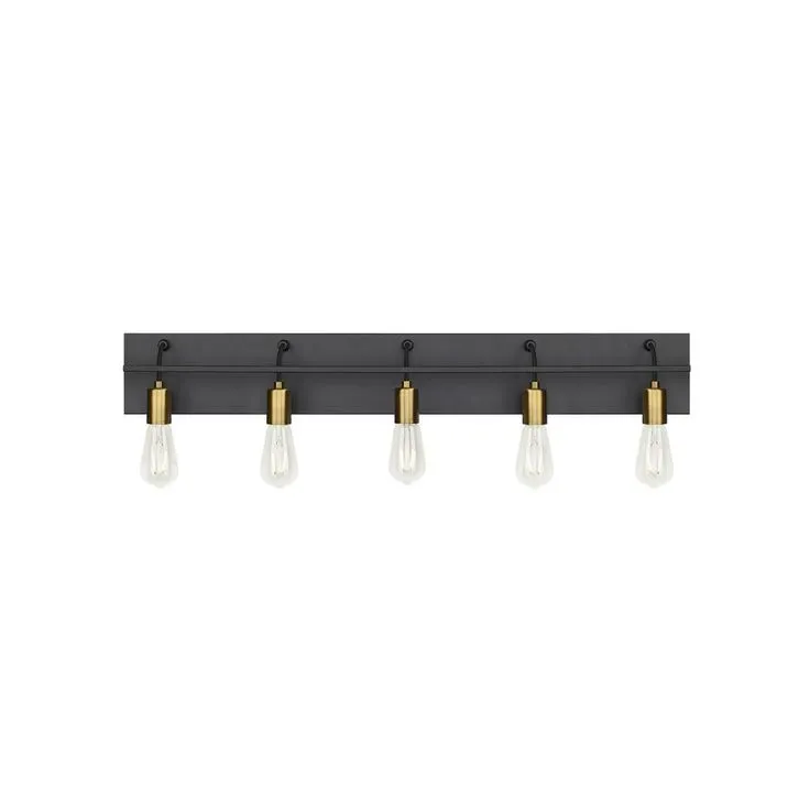 Tae 36 in. W 5-Light Black Industrial Metal Bathroom Vanity Light with Aged Brass Socket Cups and Black Cords, photo 3 of 4