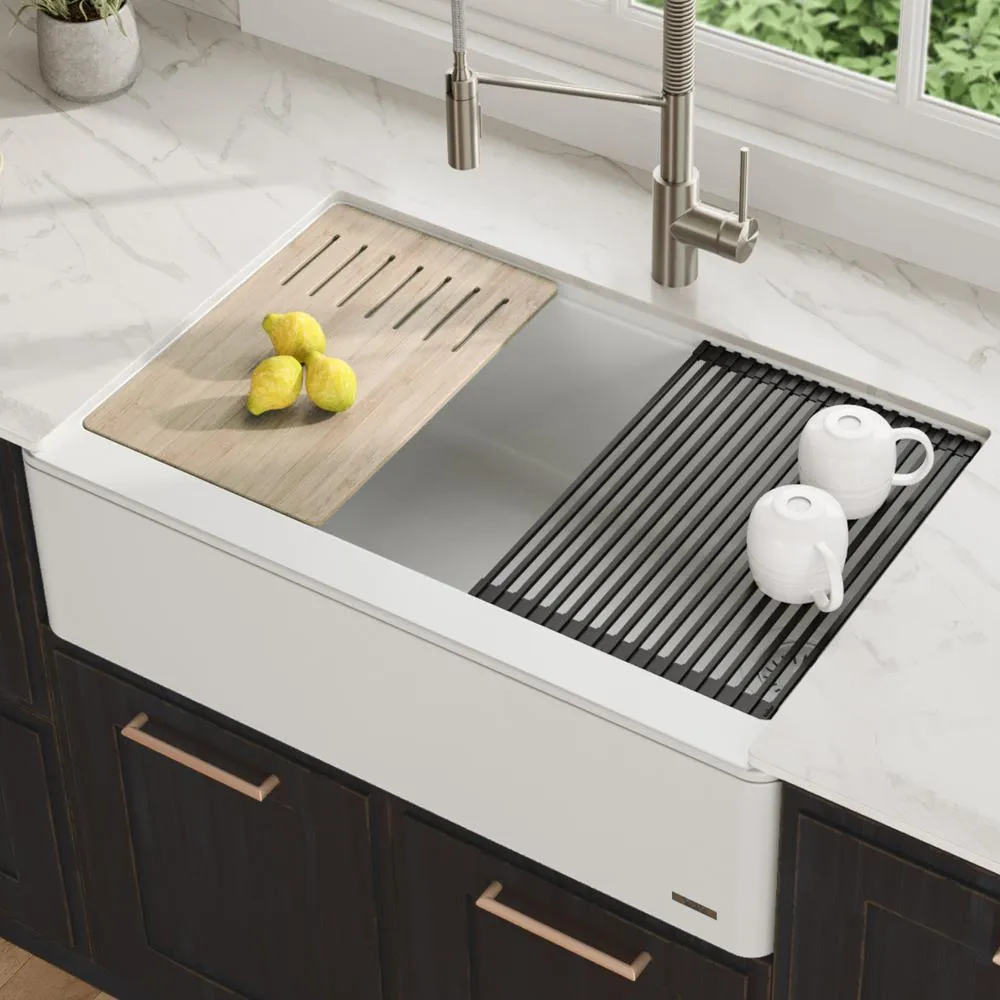 Bellucci 33in. CeramTek Granite/Quartz Composite Farmhouse ApronFront Single Bowl Kitchen Sink w/ Cutting Board in White, photo 2 of 16