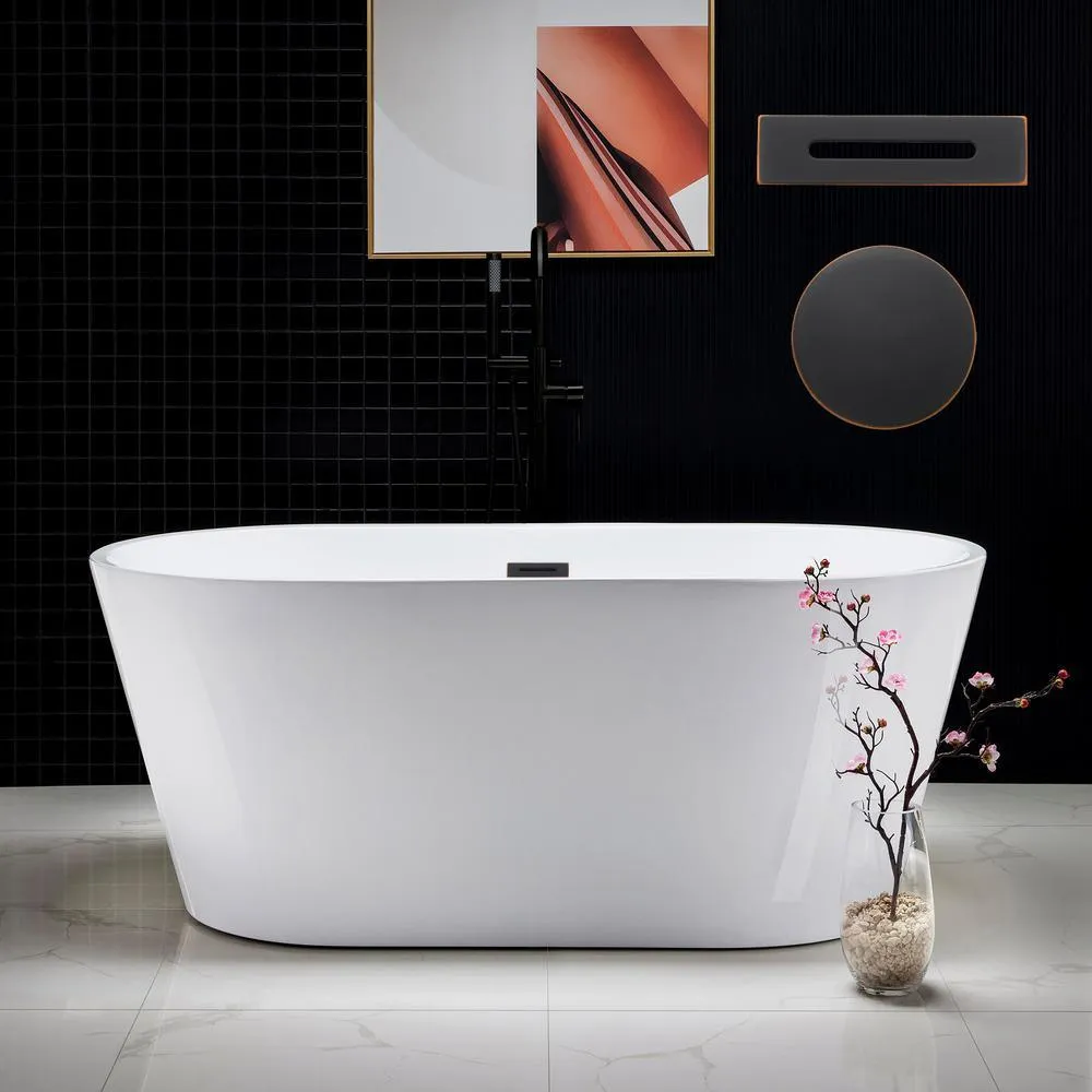 WOODBRIDGE Camden 59 in. Acrylic Freestanding Double-Ended Soaking Bathtub with Drain and Overflow, White, photo 9 of 9