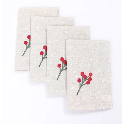 20 × 20 in Holly Berry Branch Crewel Embroidered Christmas Napkins