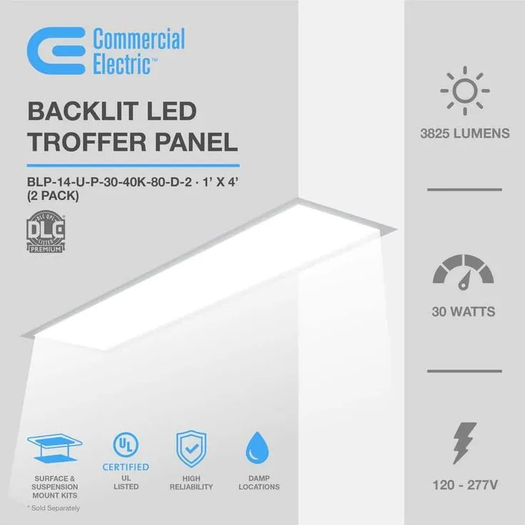 Commercial Electric 1 ft. x 4 ft. 250-Watt Equivalent White Integrated LED Backlit Troffer, 3825 Lumens, 4000K Bright White (2-Pack), photo 4 of 11