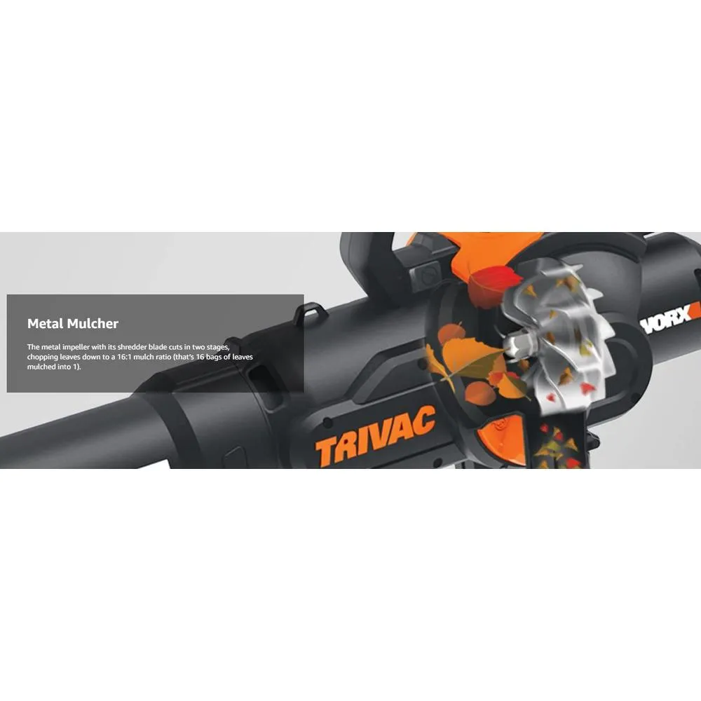 Worx TRIVAC 2.0 70 MPH 600 CFM Electric 12 Amp 3-in-1 Blower, Mulcher, Yard and Lawn Vacuum with Metal Impeller, photo 4 of 12