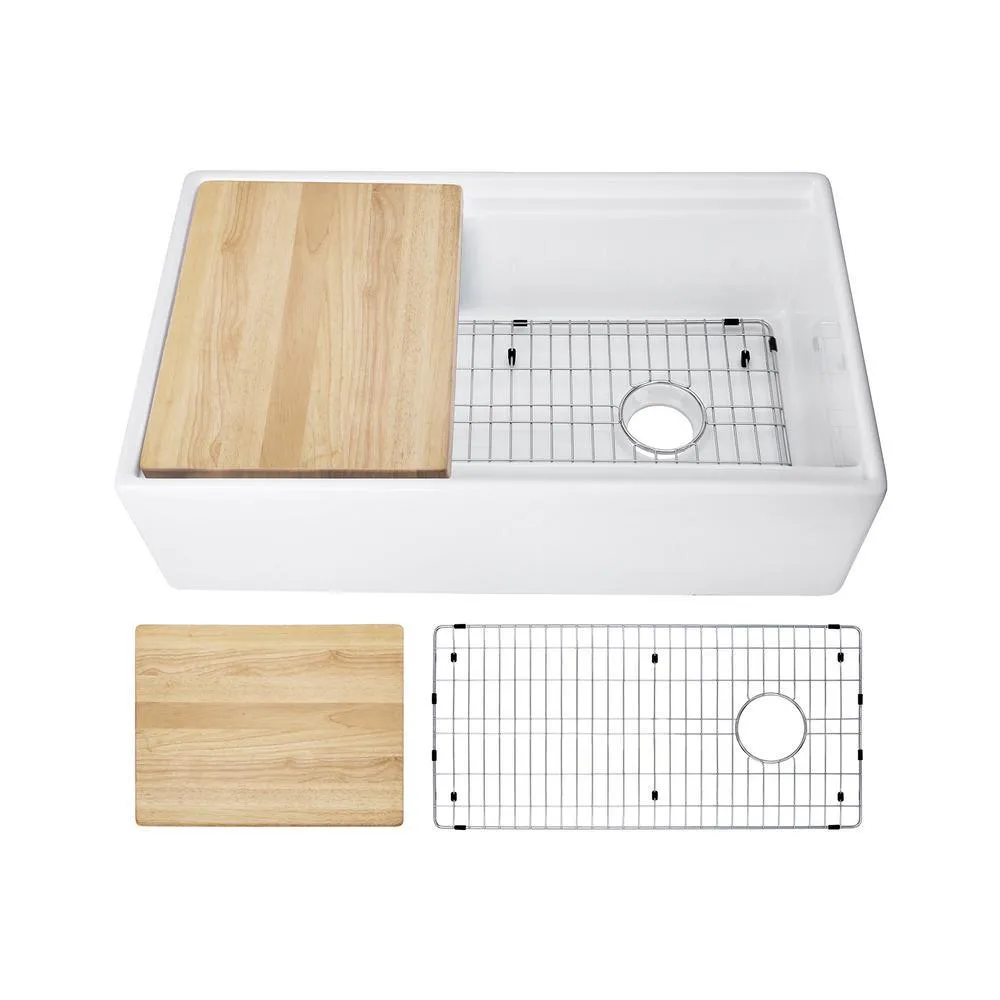 Fireclay 33 in. Single Bowl Farmhouse Apron Front Reversible Kitchen Sink in White with Cutting Board and Grid, photo 16 of 16
