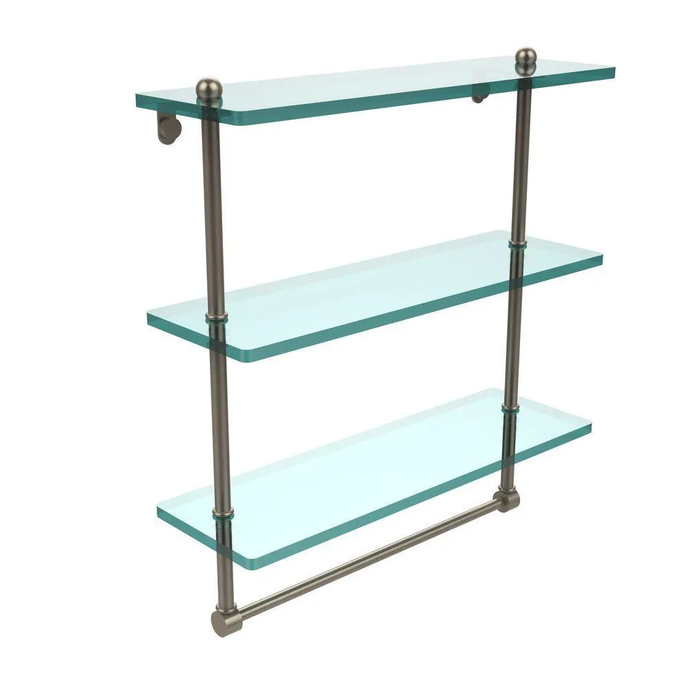 Allied Brass 16 in. L x 18 in. H x 5 in. W 3-Tier Clear Glass Bathroom Shelf with Towel Bar in Satin Nickel, photo 3 of 14