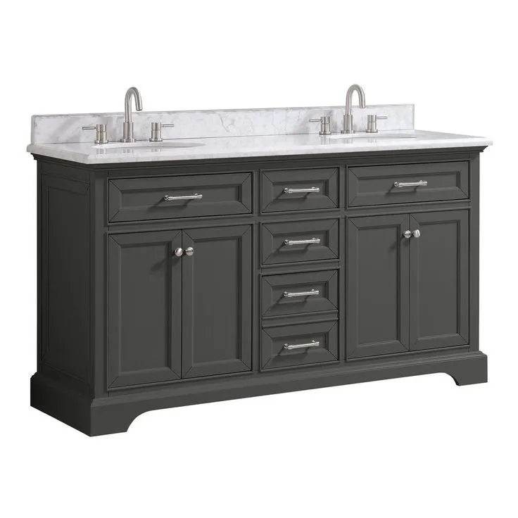 Windlowe 61 in. W x 22 in. D x 35 in. H Bath Vanity in Gray with Carrara Marble Vanity Top in White with White Sink, photo 5 of 10
