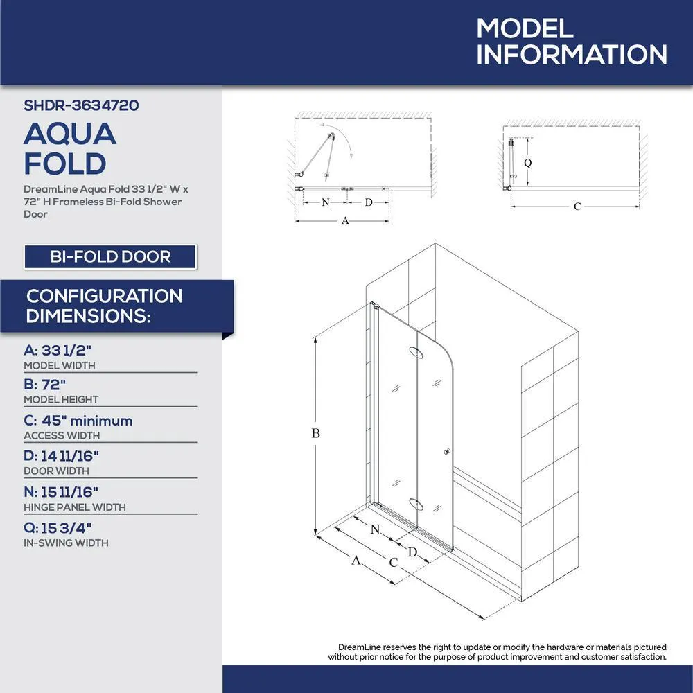 DreamLine Aqua Fold 36 in. D x 36 in. W x 76 3/4 in. H Frameless Shower Door with Base and Backwalls, photo 9 of 13
