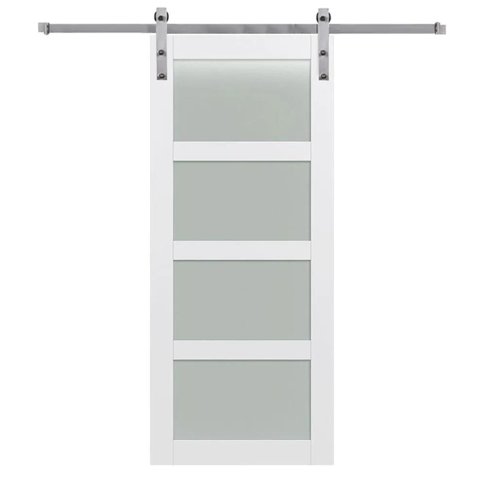 MMI Door 42 in. x 84 in. Shaker 4-Lite Frosted Glass Primed MDF Sliding Barn Door with Bent Strap Hardware Kit, photo 10 of 10