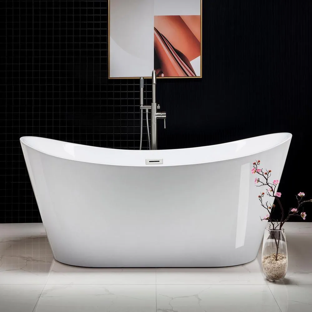 WOODBRIDGE Saber 67 in. Acrylic Freestanding Double Slipper Flat Bottom Soaking Bathtub with Drain and Overflow Included, White, photo 4 of 10