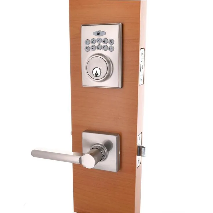 Defiant Square Satin Nickel Electronic Keypad Single Cylinder Deadbolt with Tonbridge Hall and Closet Door Lever Combo Pack, photo 5 of 9