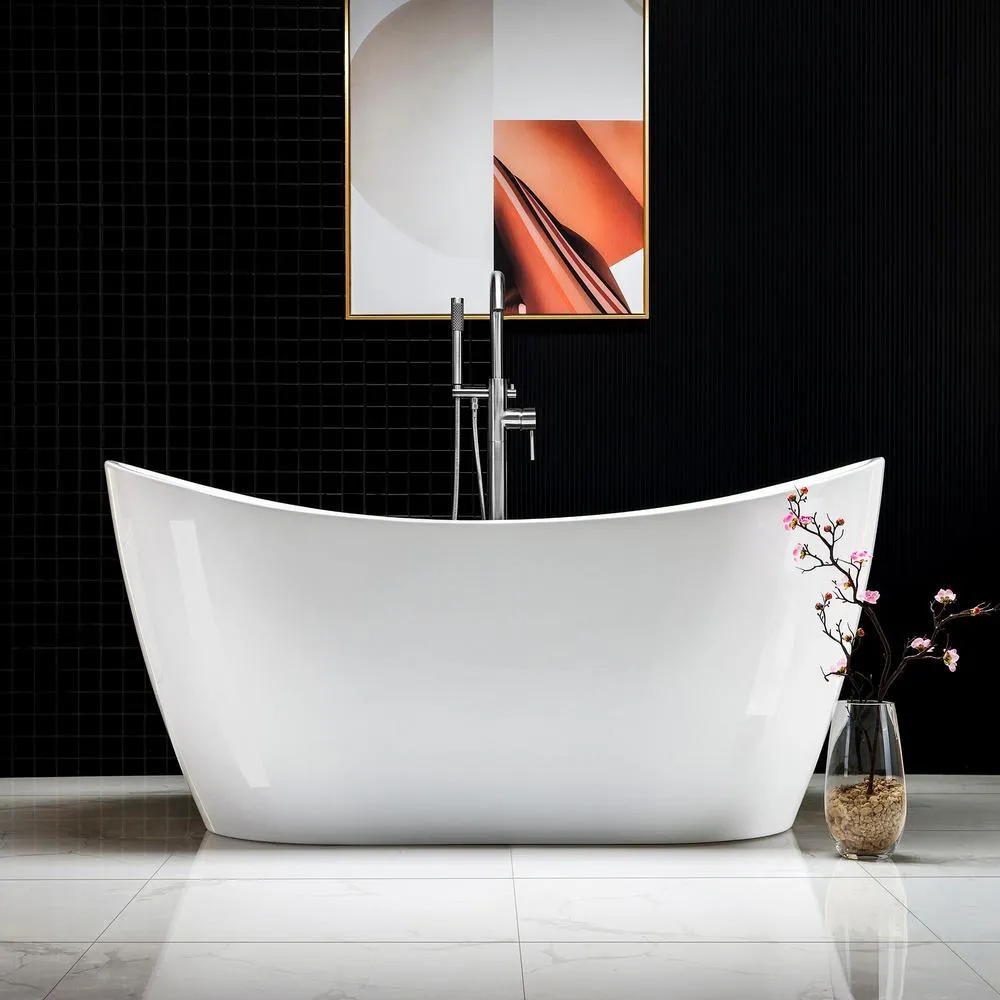 59 in. Acrylic Freestanding Double Slipper Flatbottom Soaking Bathtub with Drain and Overflow Included in White, photo 3 of 9