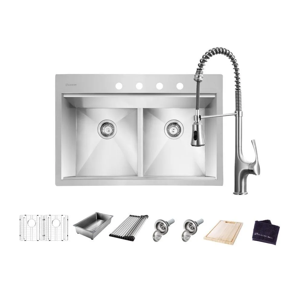 All-in-One Drop-In Stainless Steel 33 in. 4-Hole 50/50 Double Bowl Workstation Sink with Faucet and Accessories Kit, photo 6 of 12