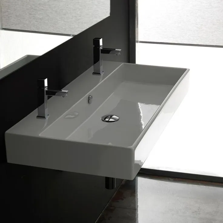 WS Bath Collections Unlimited 100 Wall Mount / Vessel Bathroom Sink in Ceramic White with 2 Faucet Holes, photo 2 of 3