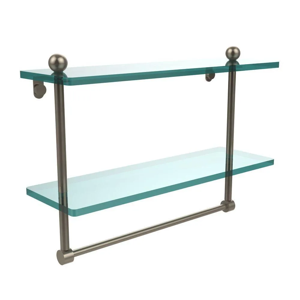 Allied Brass 16 in. L x 12 in. H x 5 in. W 2-Tier Clear Glass Bathroom Shelf with Towel Bar in Satin Nickel, photo 12 of 14