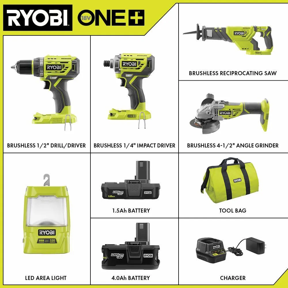 RYOBI ONE+ 18V Brushless Cordless 5-Tool Combo Kit with (1) 1.5 Ah Battery, (1) 4.0 Ah Battery, Charger, and Bag, photo 2 of 15