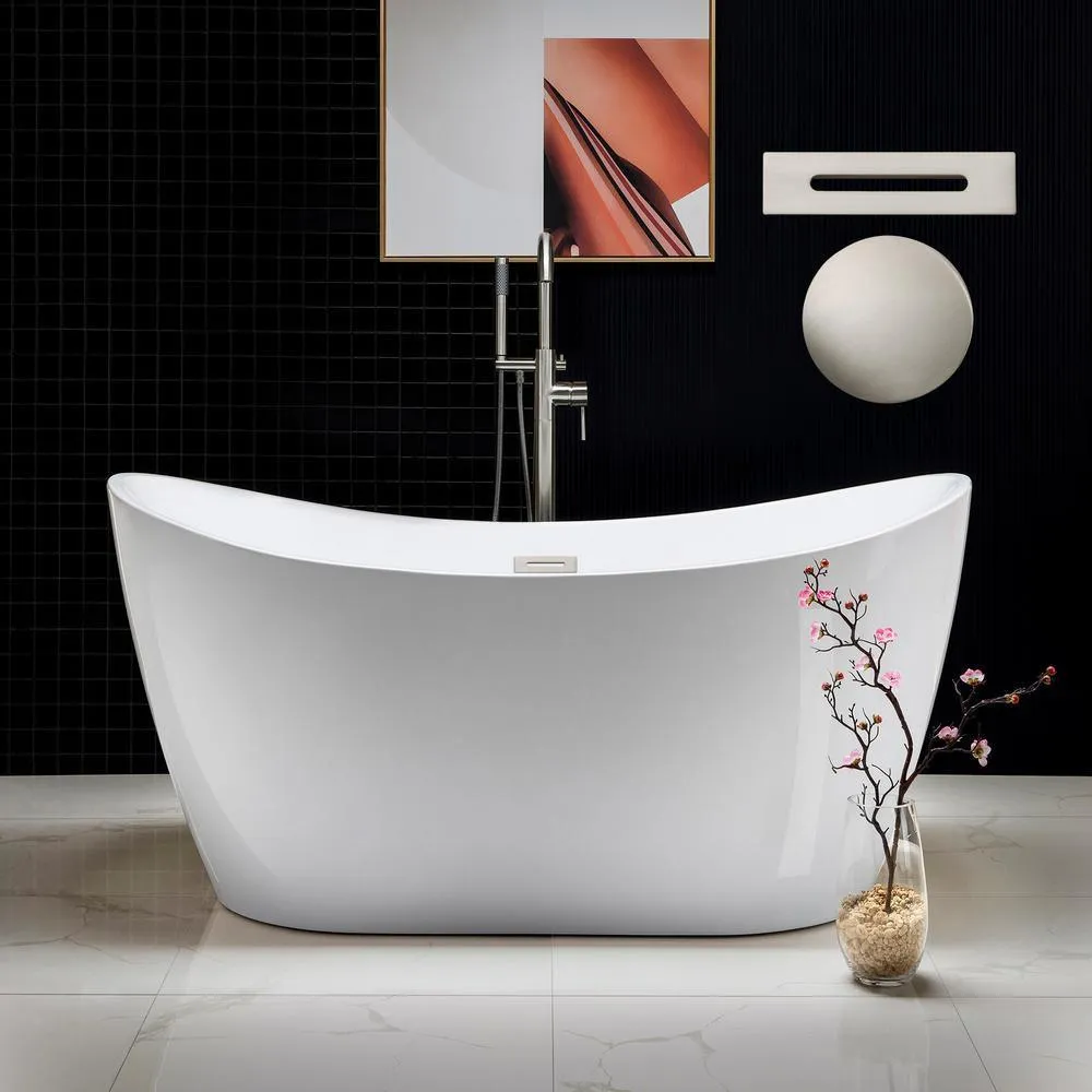 59 in. Acrylic Freestanding Double Slipper Flatbottom Soaking Bathtub with Drain and Overflow Included in White, photo 8 of 9