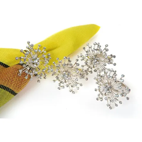 2 × 1.5 in Snowflake Holiday Elegant Silver Jeweled Metal Napkin Rings