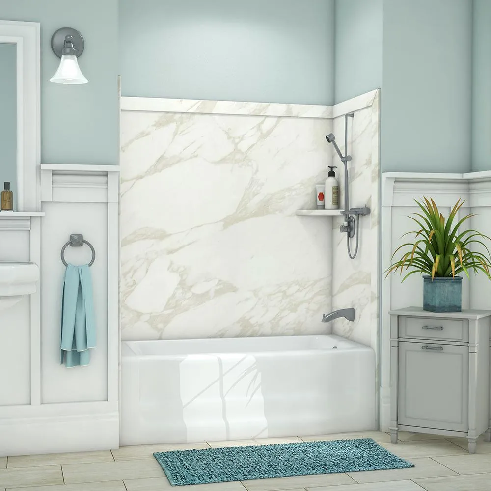 Elite 32 in. x 60 in. x 60 in. 9-Piece Easy Up Adhesive Tub Surround in Calacatta White, photo 24 of 25
