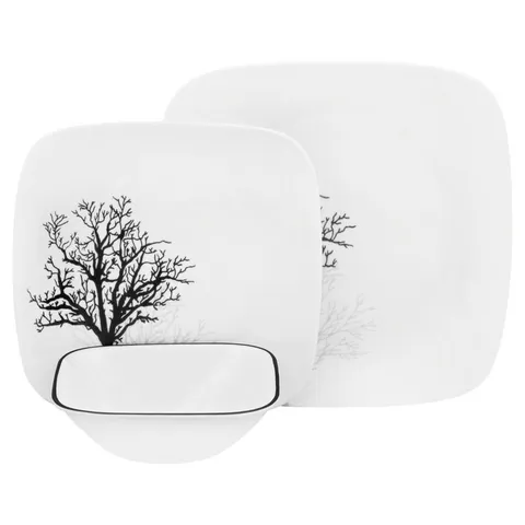 Square 16-Piece Seasonal Black Trees Glass Dinnerware Set