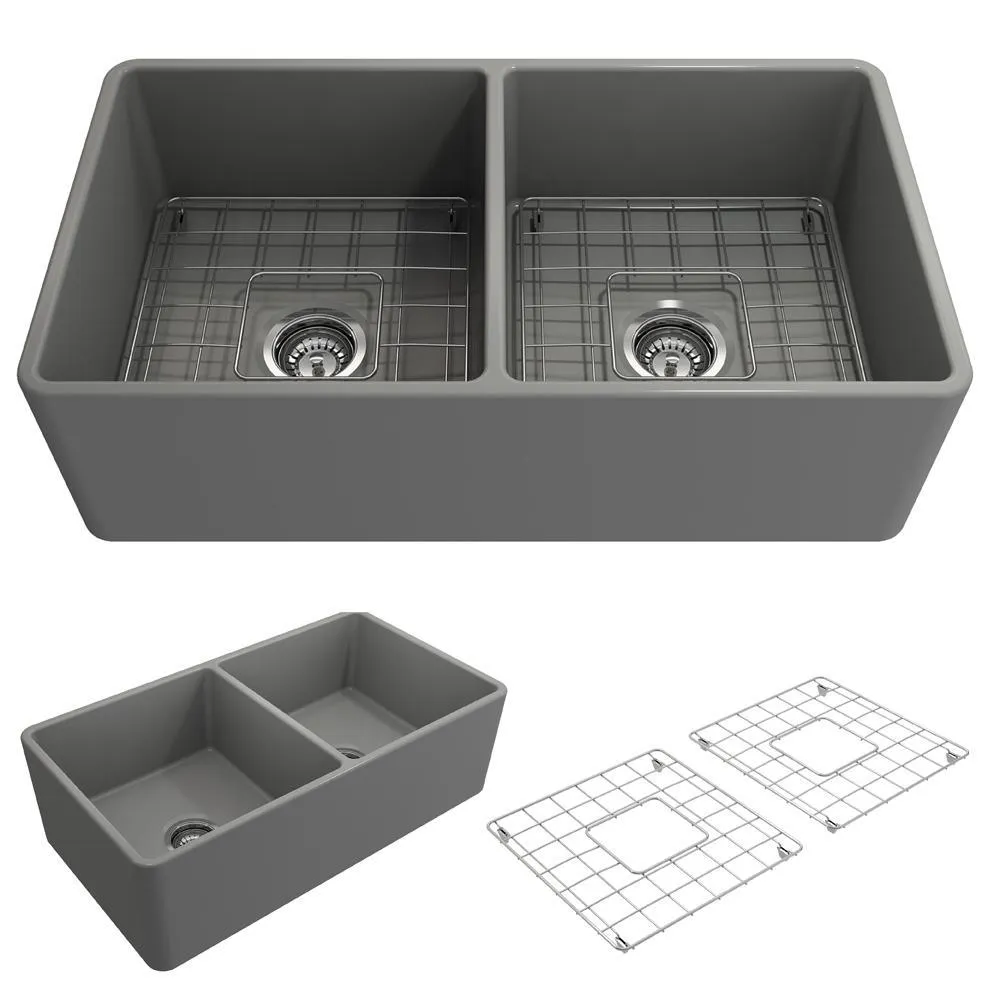 Classico Farmhouse Apron Front Fireclay 33 in. Double Bowl Kitchen Sink with Bottom Grid and Strainer in White, photo 14 of 15