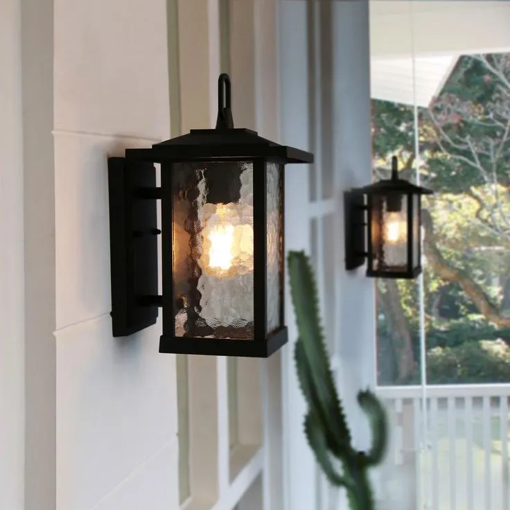 1-Light Transitional Outdoor Wall Light Lantern Sconce with Watered Glass Matt Black Coach Light LED Compatible, photo 5 of 17
