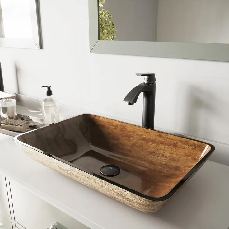 VIGO Glass Vessel Bathroom Sink in Amber Sunset and Linus Faucet Set in Antique Rubbed Bronze, photo 3 of 11