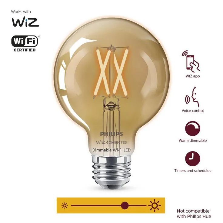 Philips Amber G25 LED 40-Watt Equivalent Dimmable Smart Wi-Fi Wiz Connected Wireless Light Bulb (4-Pack), photo 3 of 4