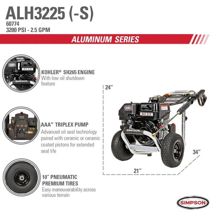Simpson Aluminum ALH3225-S 3200 PSI at 2.5 GPM KOHLER SH265 Cold Water Pressure Washer, photo 6 of 9