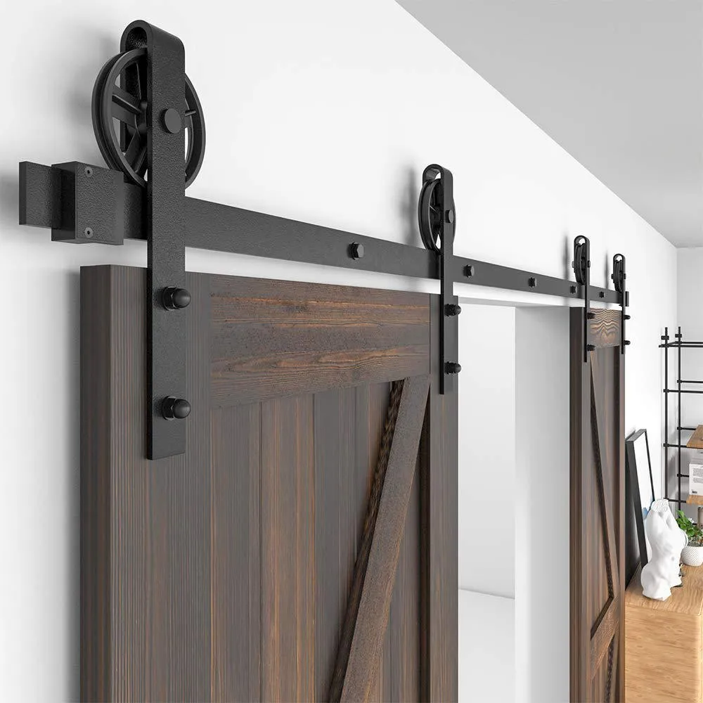 WINSOON 12 ft. /144 in. Frosted Black Sliding Barn Door Track and Hardware Kit for Double Doors with Non-Routed Floor Guide, photo 5 of 7