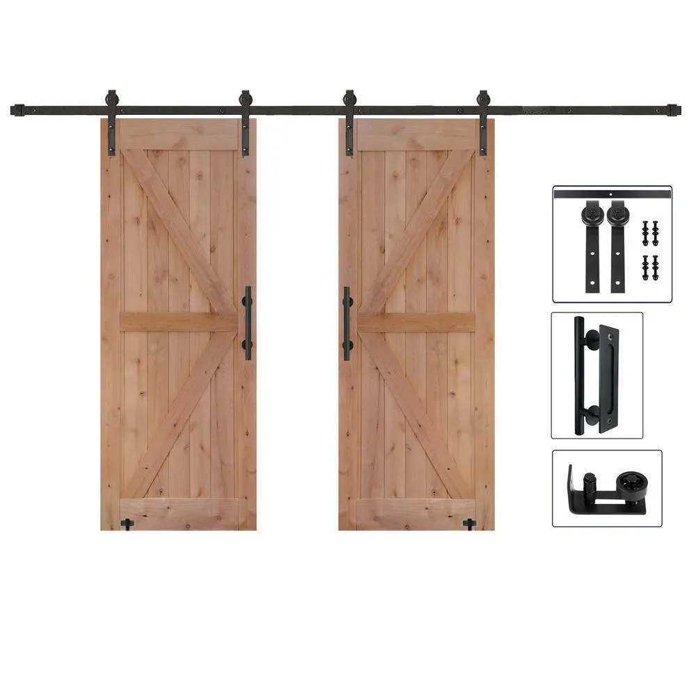 LUBANN 60 in. x 84 in. Assembled Bi-Parting Rustic Unfinished Hardwood Interior Sliding Barn Door Slab with Hardware Kit, photo 4 of 13