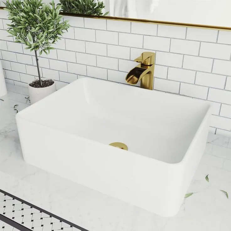 VIGO Amaryllis Matte Stone Vessel Bathroom Sink in White with Niko Faucet in Matte Gold, photo 10 of 10