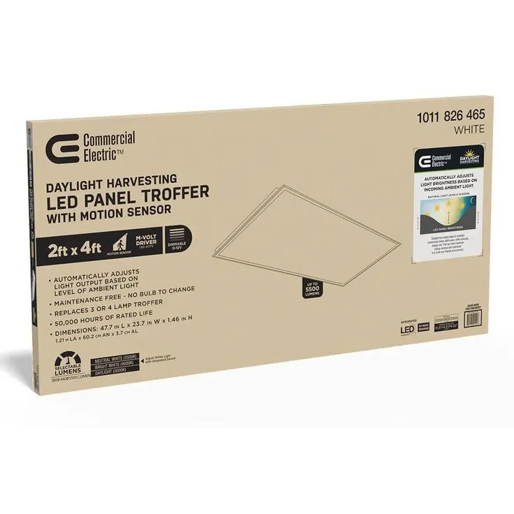 Commercial Electric 2 ft. x 4 ft. Daylight Harvesting LED Panel Light Troffer w/ Motion Sensor Adjustable CCT Lumens Watts 120-277V Dimmable, photo 2 of 11