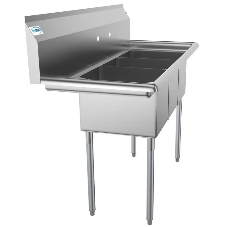 Freestanding Stainless Steel 51 in. 2-Hole Triple Bowl Commercial Kitchen Sink Left Drainboard, photo 7 of 9