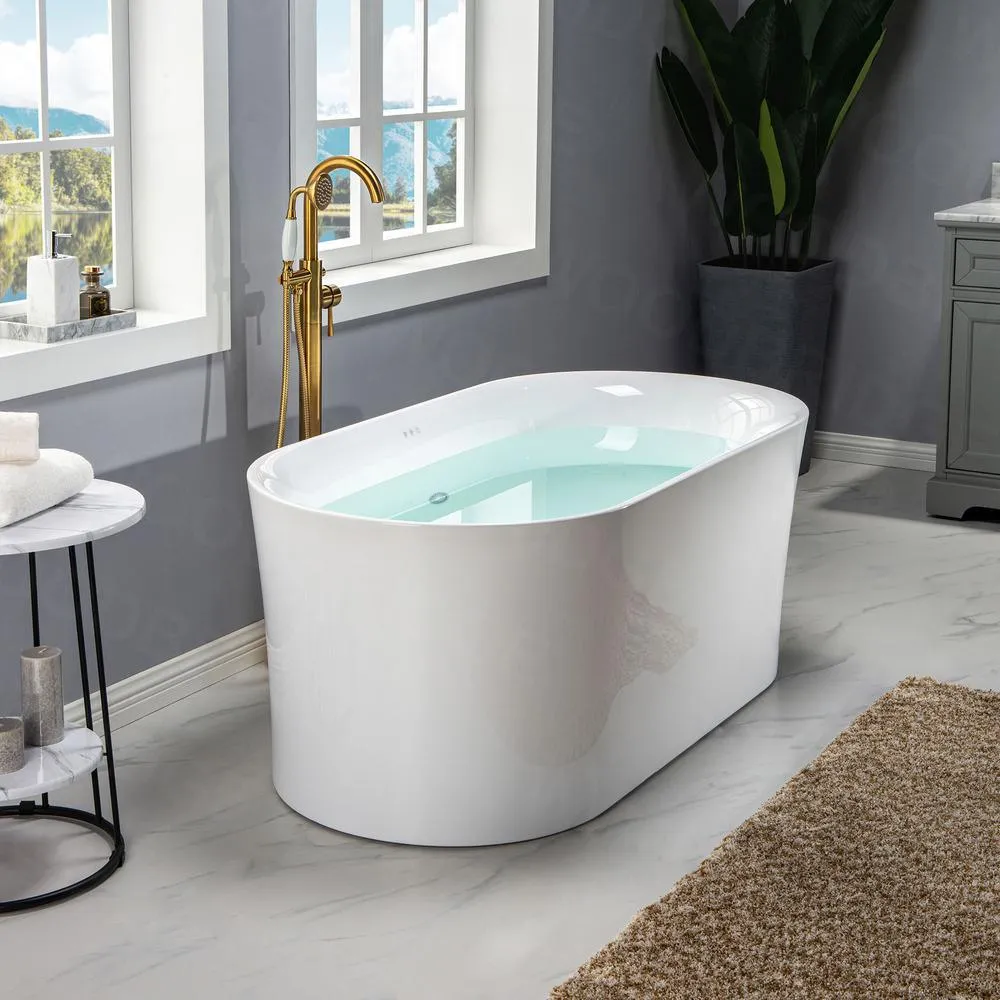 WOODBRIDGE Tion 59 in. Acrylic Freestanding Double-Ended Air Bath Bathtub with Chrome Drain and Overflow, White, photo 10 of 18